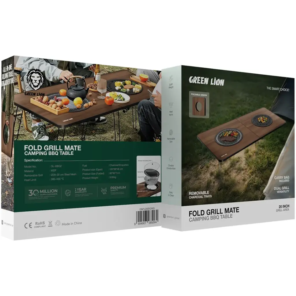 Green Lion Fold Grill Mate Camping BBQ Table - Wood