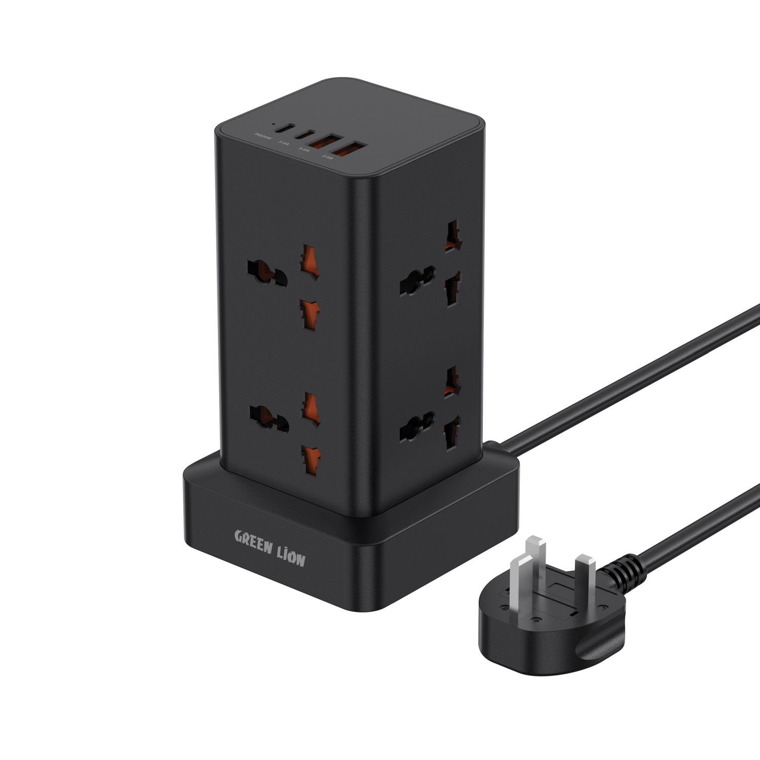 Green Lion Power Tower Multi-Port Power Strip 2500W 2M Cable - Black