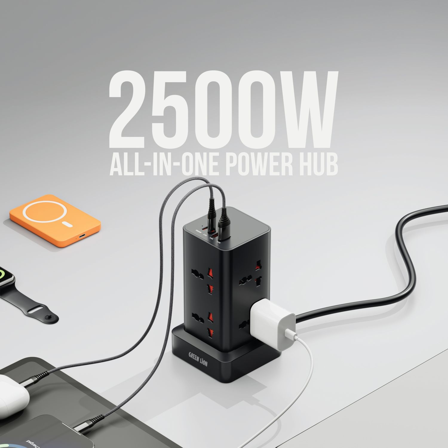 Green Lion Power Tower Multi-Port Power Strip 2500W 2M Cable - Black