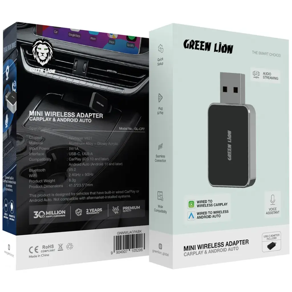 Green Lion Mini Wireless Adapter CarPlay & Android Auto - Black