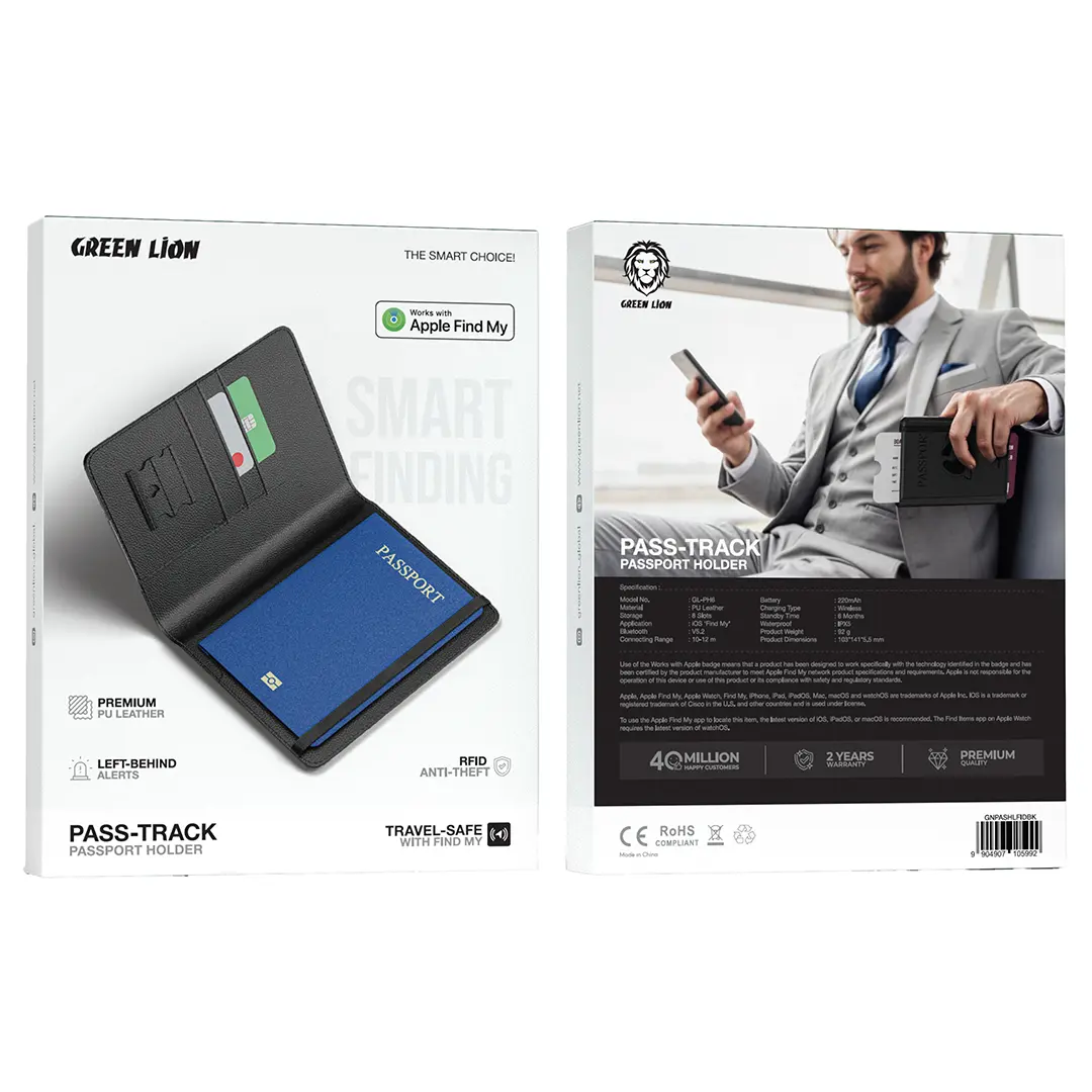 Green Lion Pass-Track Passport Holder with Find My - Black