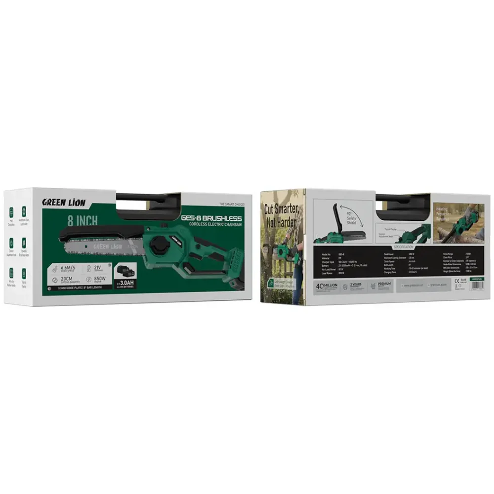 Green Lion GES8 Brushless Cordless Chainsaw - 8" Bar Length - 2*21V 3.0Ah Battery