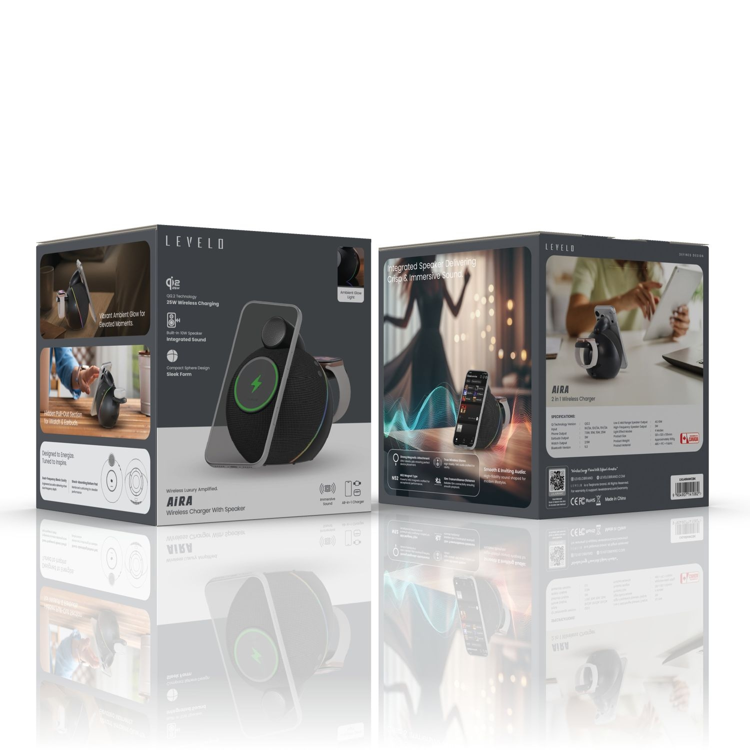Levelo Aira Qi2.2 25W Wireless Charger With BuiltIn BT 10W Speaker - Black