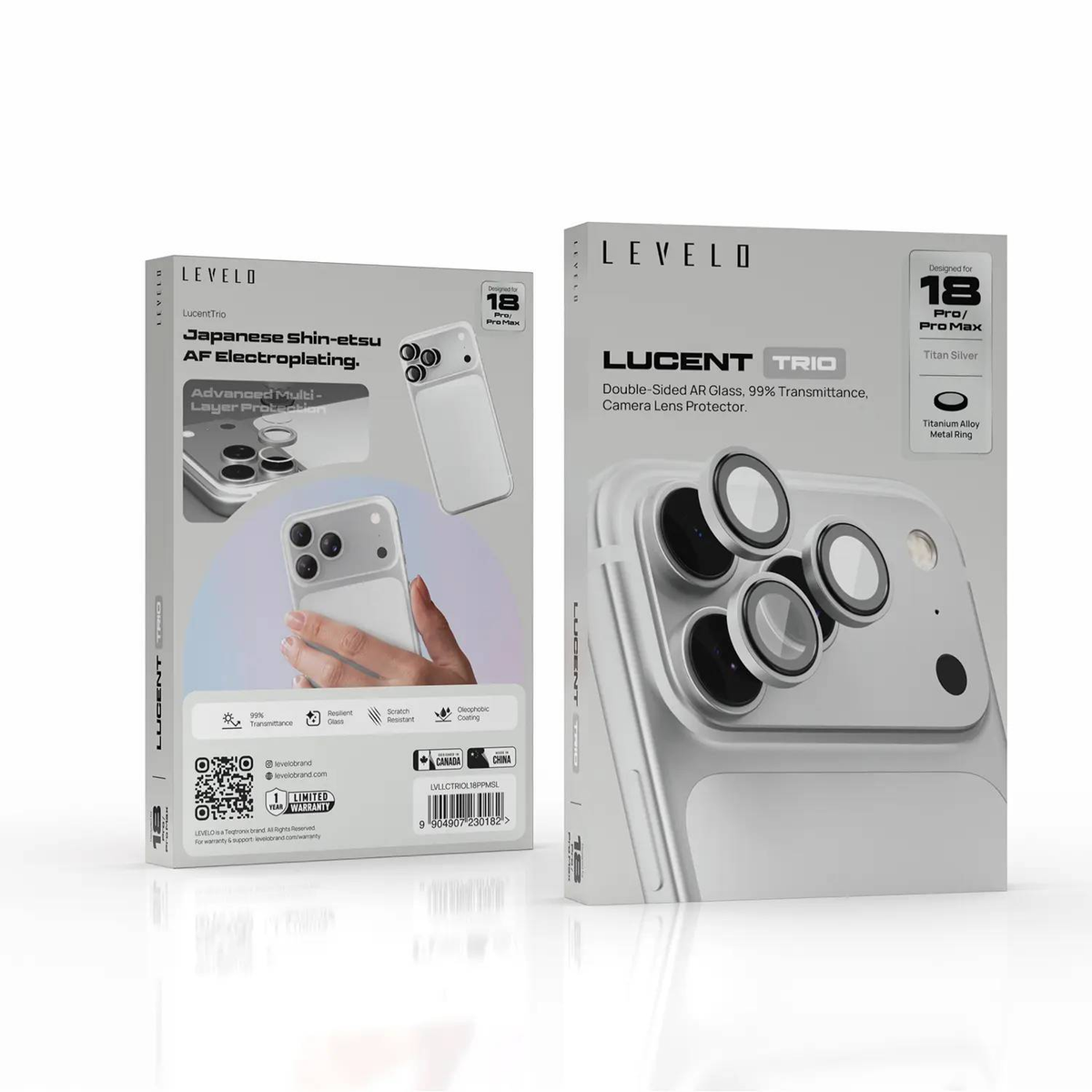 Levelo Lucent Trio iPhone 18 Pro & Pro Max Camera Lens Protector Double-Sided AR Glass - Silver