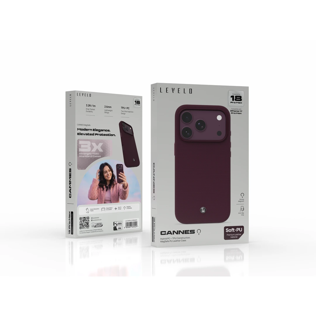 Levelo Cannes PU Leather Case for iPhone 18 Pro Max - Burgundy