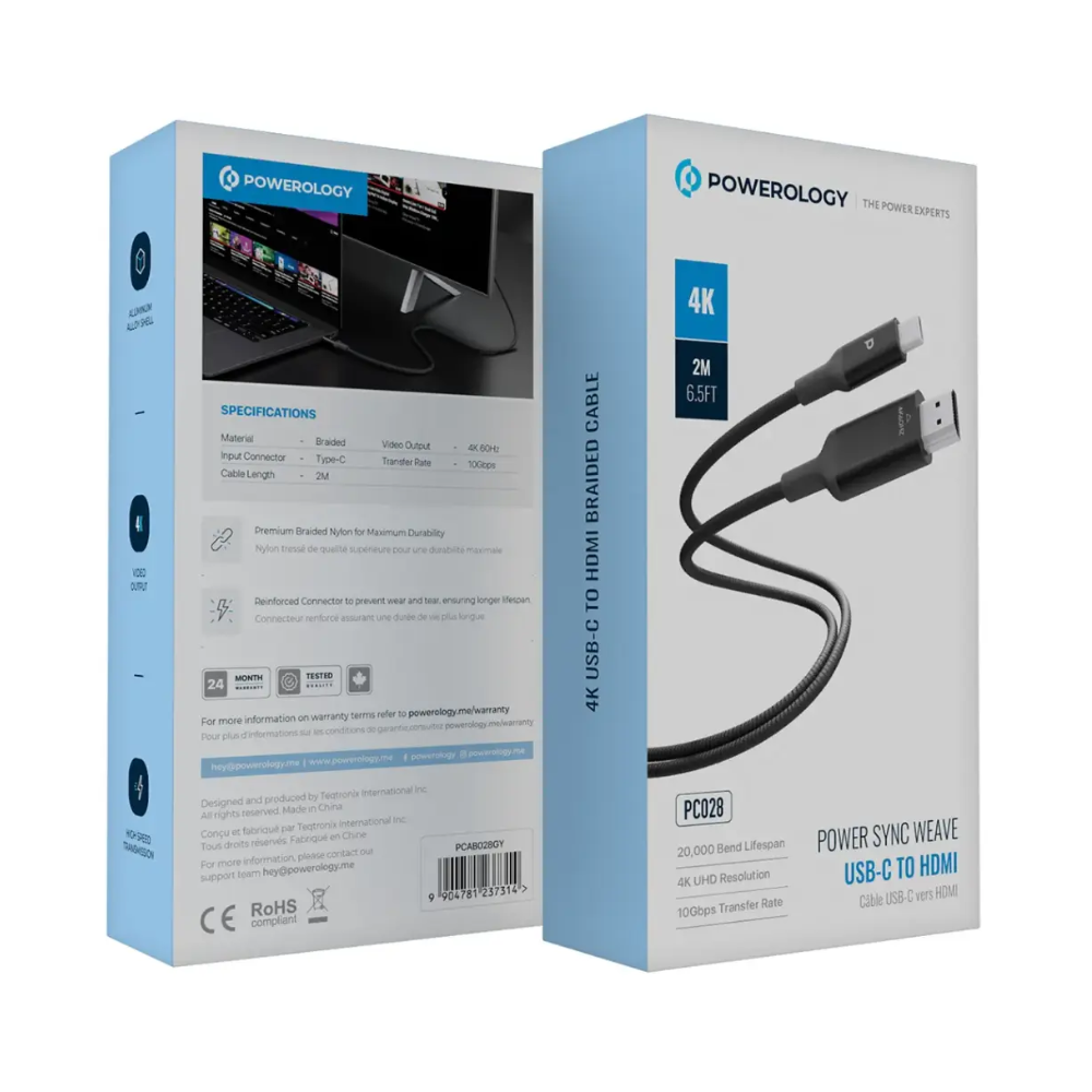 Powerology USB-C to HDMI V3.1 Aluminium Shell Nylon Braided Cable 2 Meter - Dark Grey