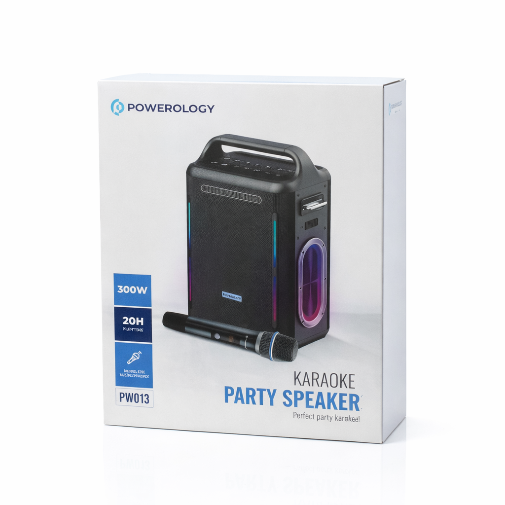 سماعة Powerology Karaoke Party Speaker بقوة 300 واط مع ميكروفون لاسلكي – موديل PWLAU013