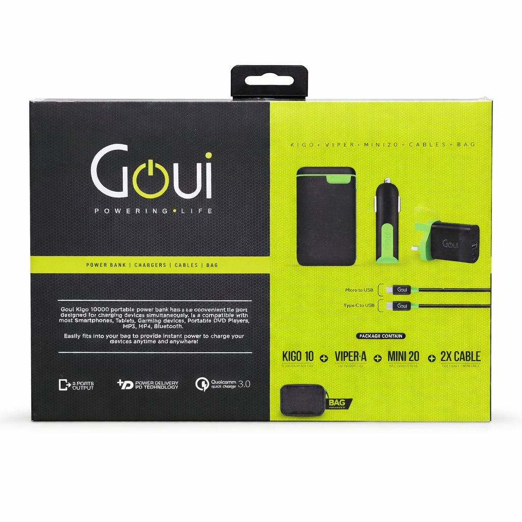 طقم الشحن Goui – باور بانك مع شاحن سيارة وشاحن حائط