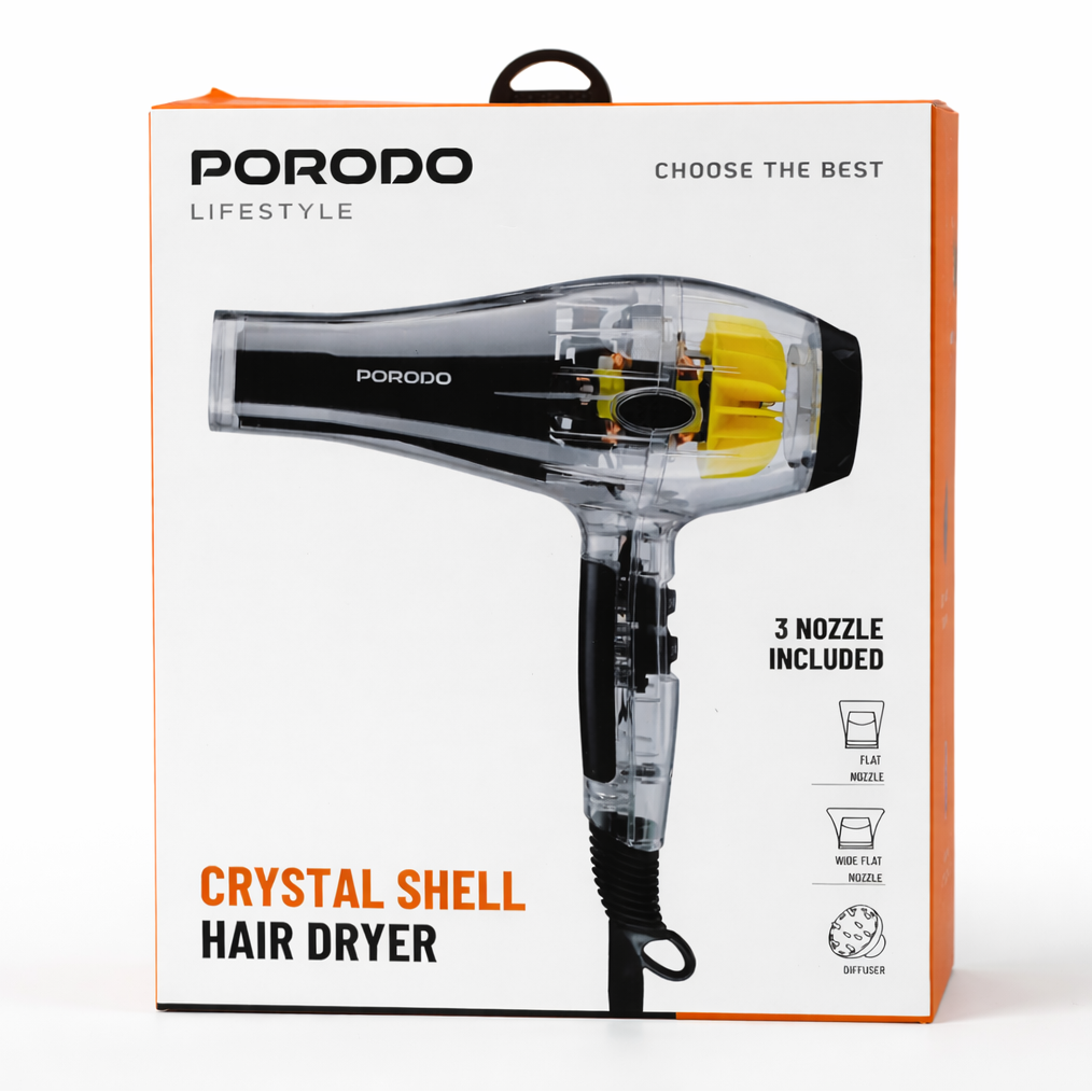 مجفف الشعر Porodo Lifestyle Crystal Shell مع 3 فوهات تصفيف