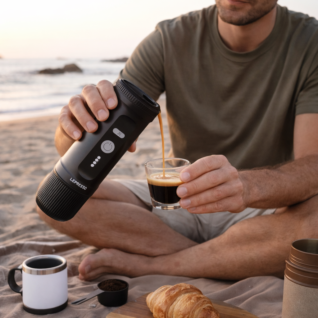 ماكينة إسبرسو محمولة 2-في-1 مع تسخين ذاتي وضغط 20 بار