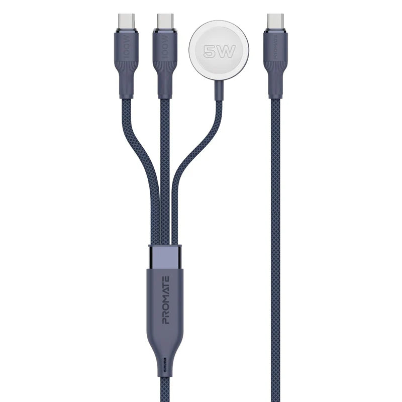 كابل شحن PROMATE Fusion-CCW 3 في 1 USB-C إلى 100W PD USB-C، 27W USB-C وشاحن Apple Watch بقوة 5W