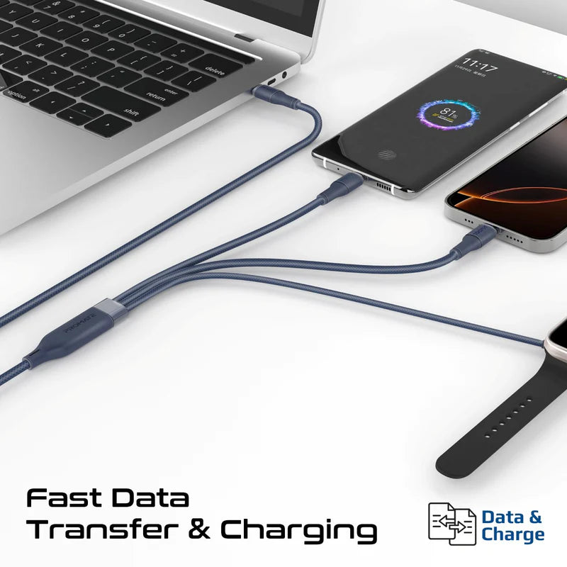 كابل شحن PROMATE Fusion-CCW 3 في 1 USB-C إلى 100W PD USB-C، 27W USB-C وشاحن Apple Watch بقوة 5W