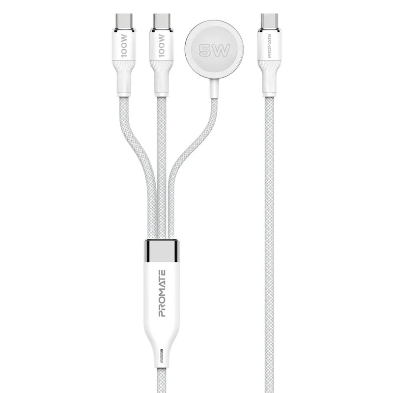 كابل شحن PROMATE Fusion-CCW 3 في 1 USB-C إلى 100W PD USB-C، 27W USB-C وشاحن Apple Watch بقوة 5W