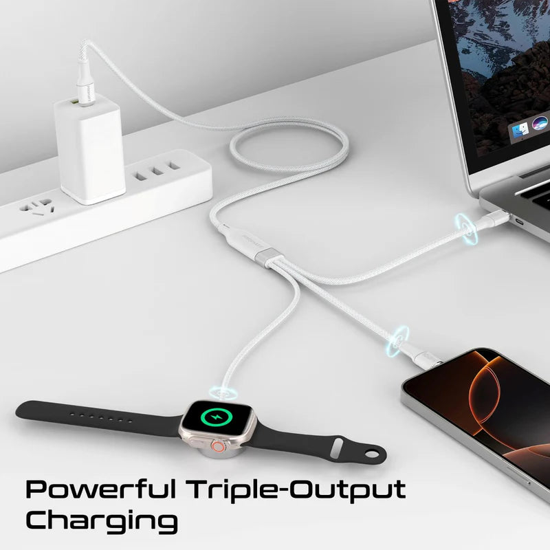 كابل شحن PROMATE Fusion-CCW 3 في 1 USB-C إلى 100W PD USB-C، 27W USB-C وشاحن Apple Watch بقوة 5W
