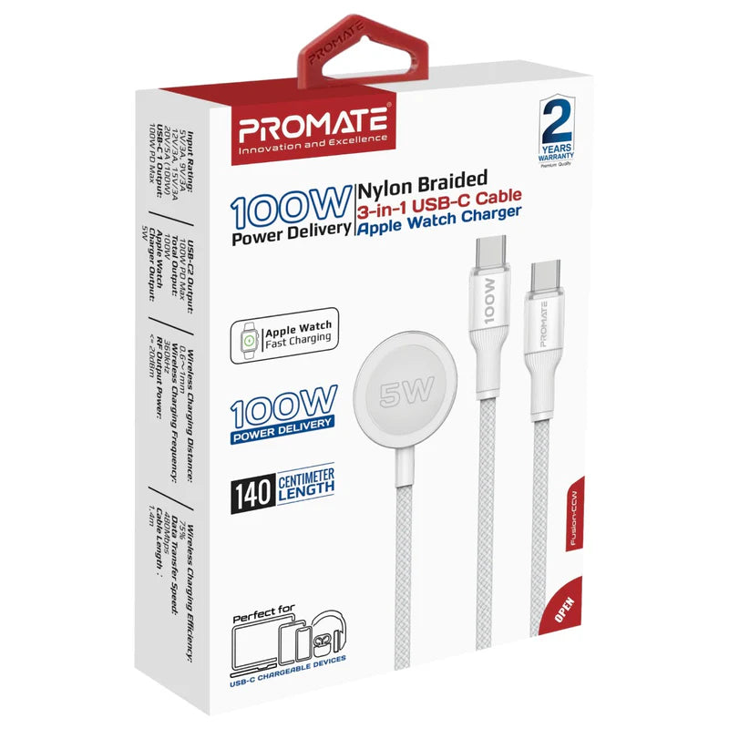 كابل شحن PROMATE Fusion-CCW 3 في 1 USB-C إلى 100W PD USB-C، 27W USB-C وشاحن Apple Watch بقوة 5W