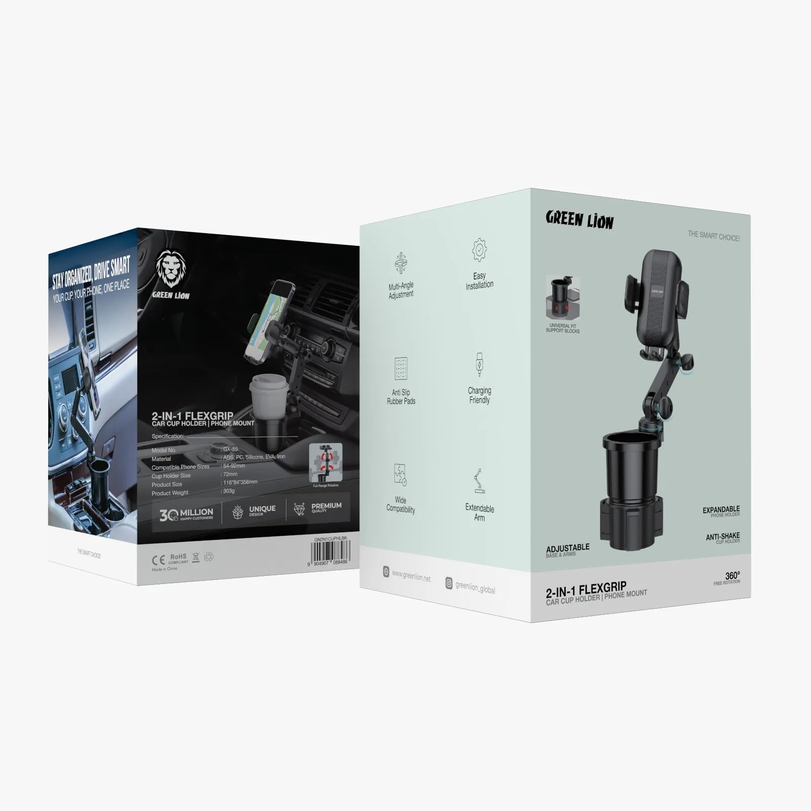 حامل جوال وحامل أكواب جرين ليون FlexGrip 2 في 1 للسيارة قابل للتعديل – أسود