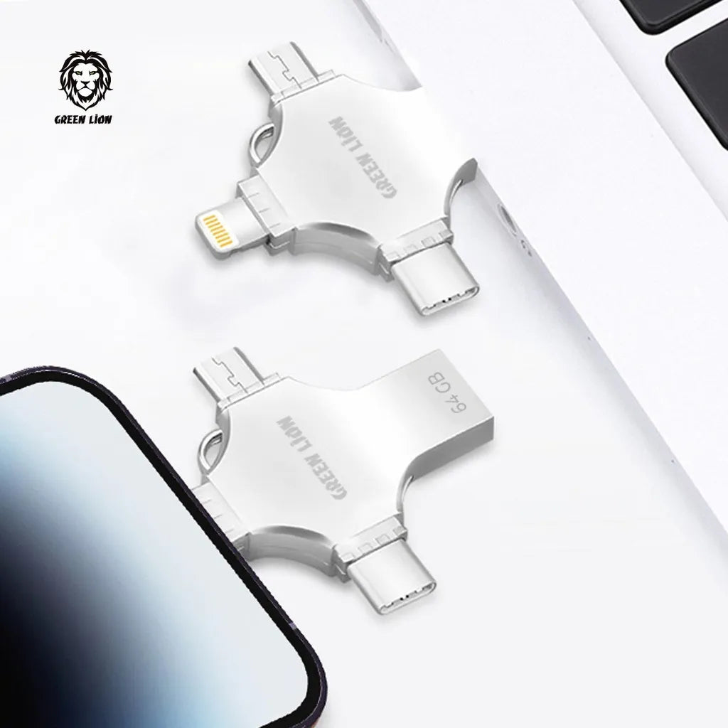 فلاش ميموري 256GB متعدد المنافذ 4 في 1 (USB-C / Lightning / Micro USB / USB-A) – جرين ليون Green Lion