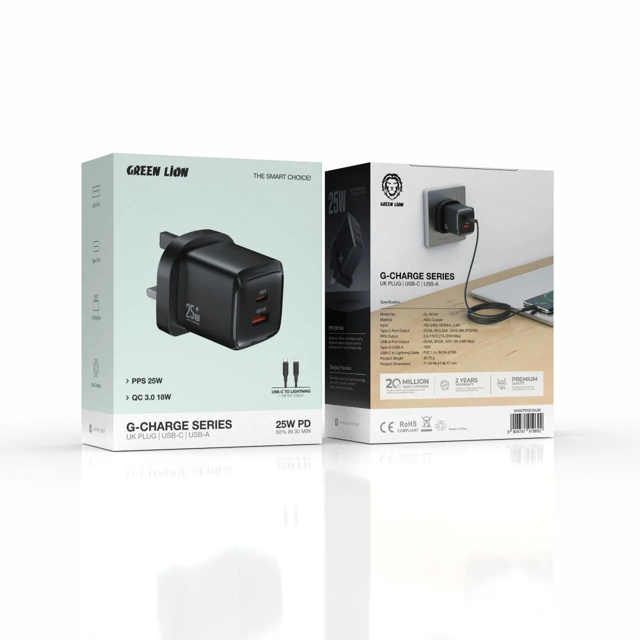 Green Lion G-Charge Series 25W PD Fast Charger UK Plug USB-C & USB-A – Black