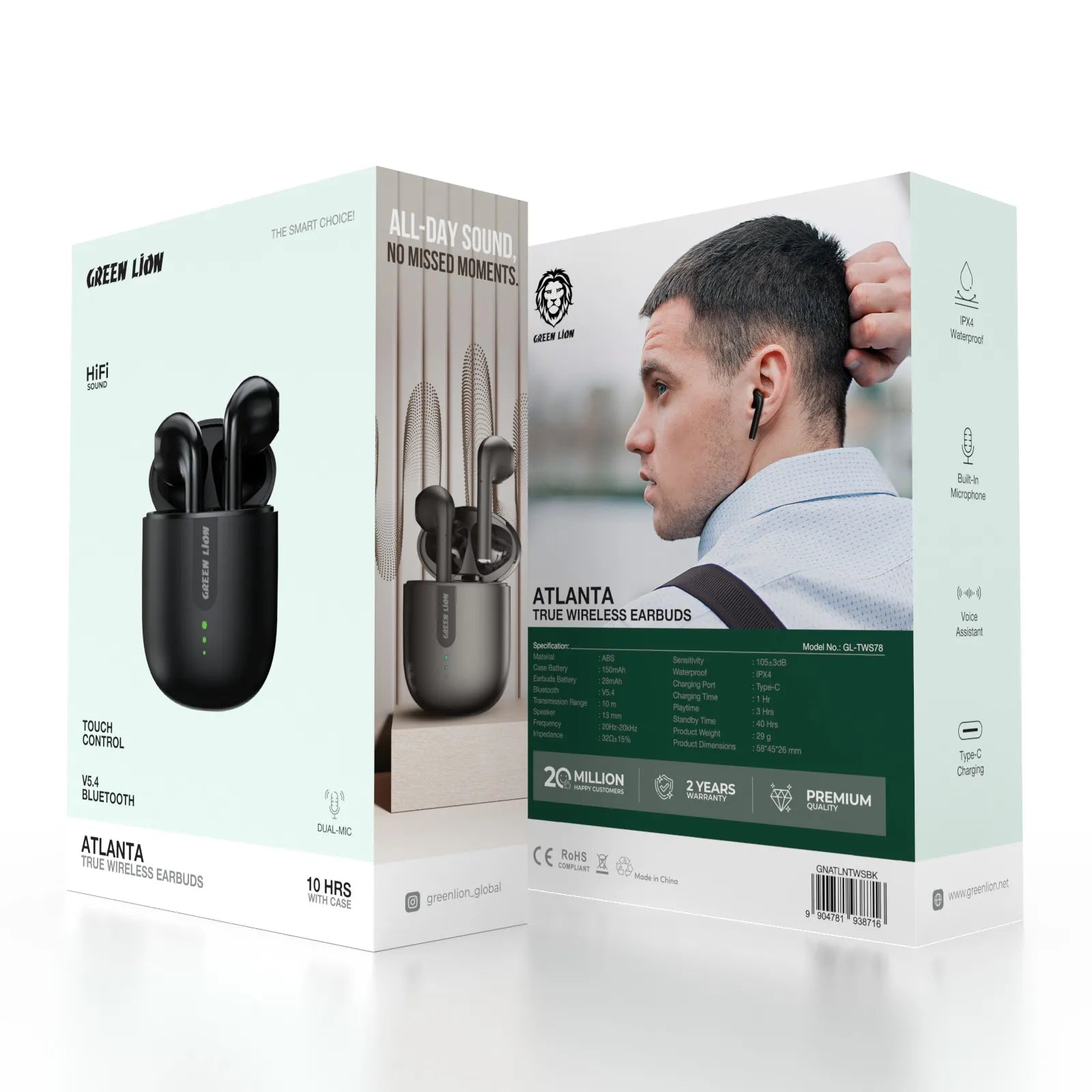 سماعات جرين ليون Atlanta اللاسلكية True Wireless بتقنية Bluetooth 5.4 – أسود / أبيض