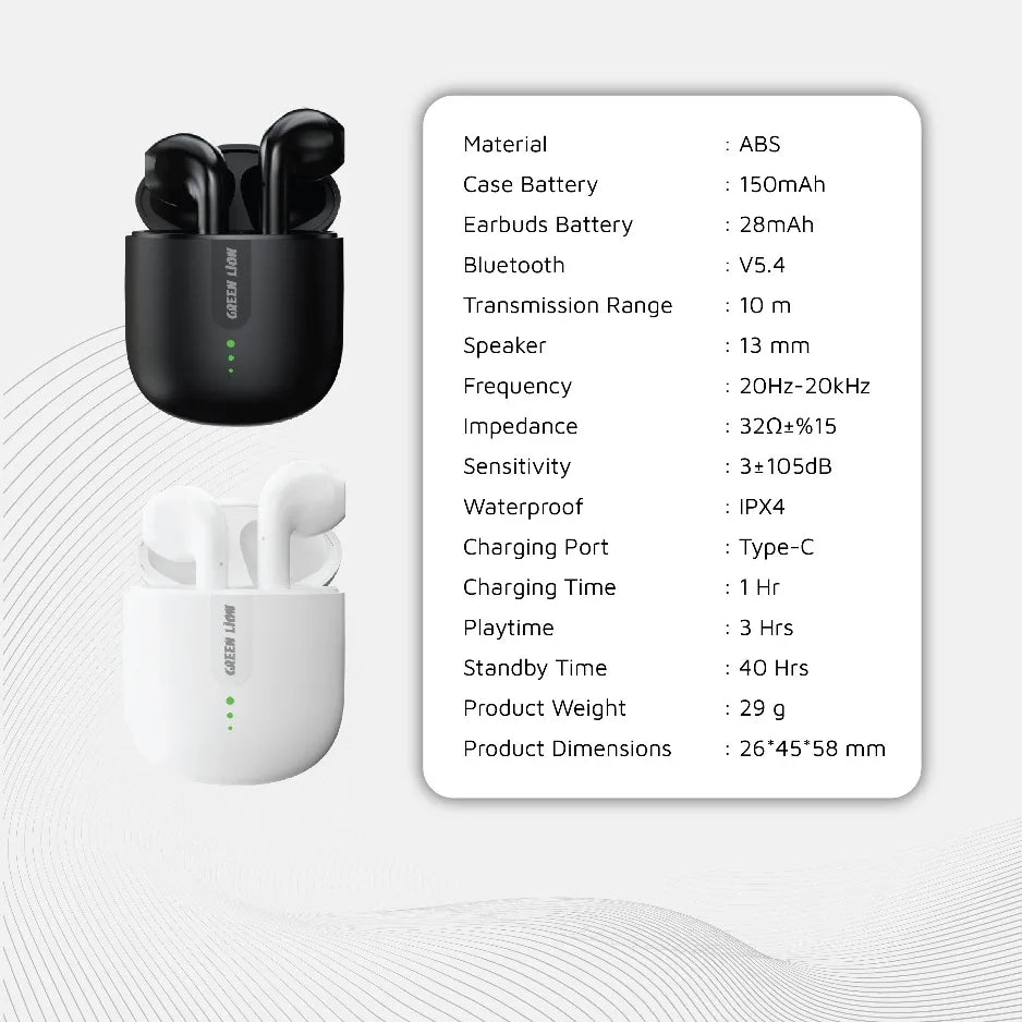 سماعات جرين ليون Atlanta اللاسلكية True Wireless بتقنية Bluetooth 5.4 – أسود / أبيض