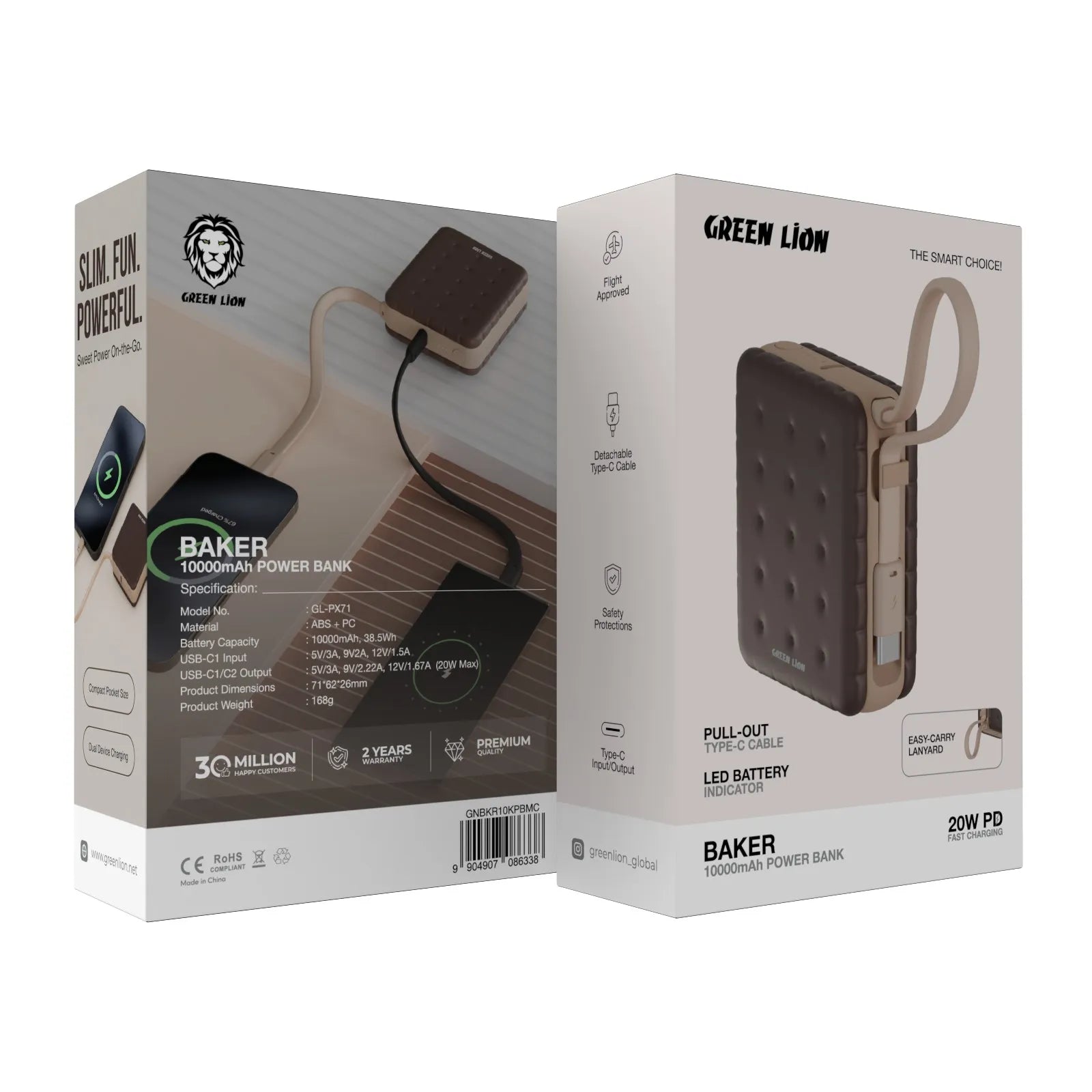 باور بانك جرين ليون Baker سعة 10000mAh شحن سريع PD 20W مع كابل Type-C مدمج – موكا