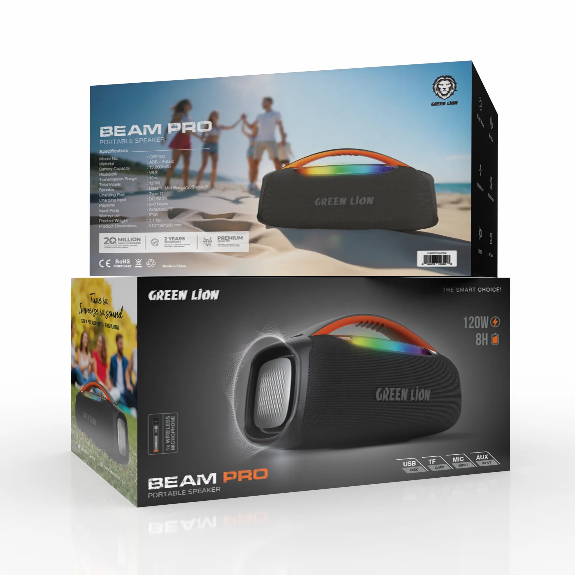 سماعة جرين ليون Beam Pro المحمولة 120 واط مع مايكروفون لاسلكي وإضاءة RGB – أسود