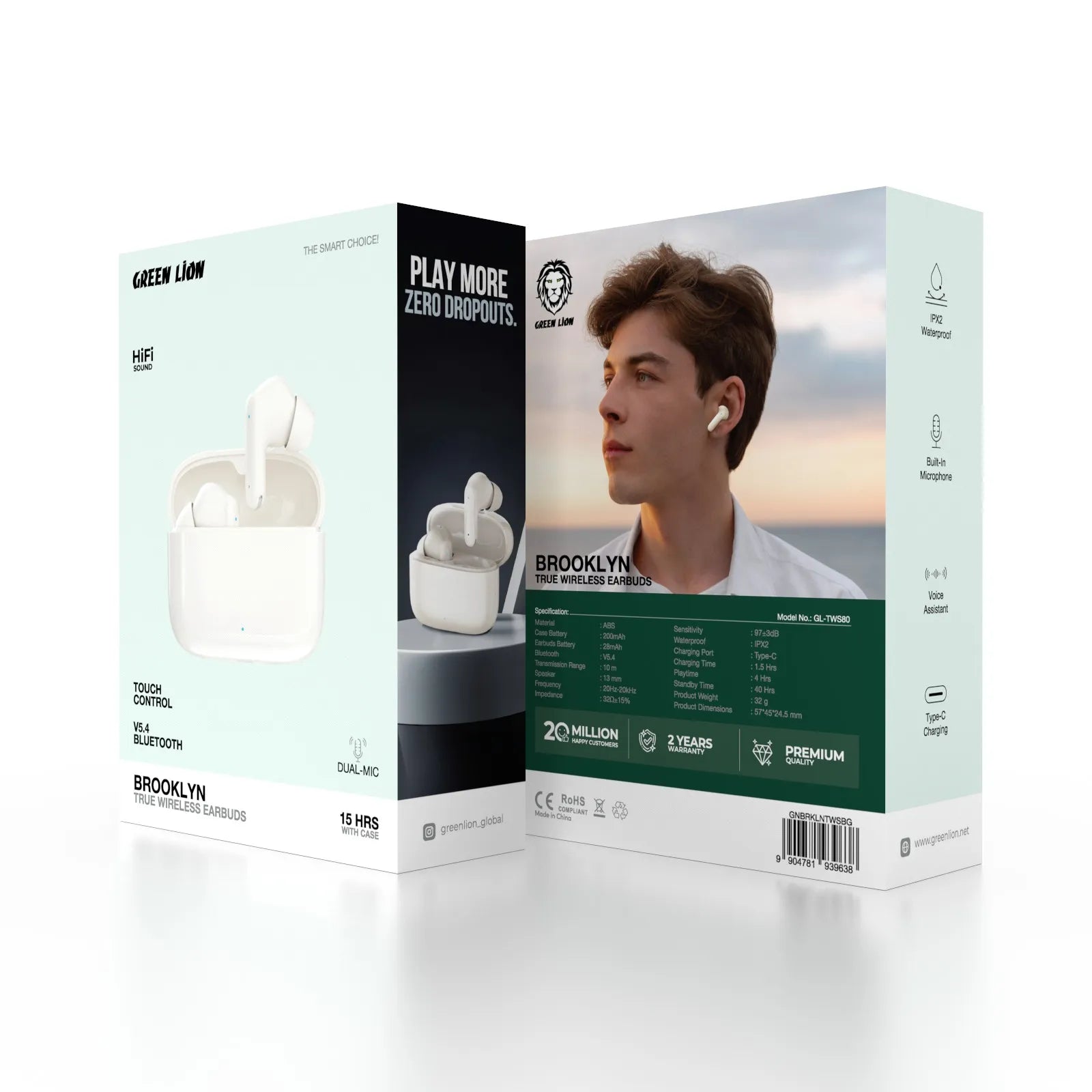 سماعات جرين ليون Brooklyn اللاسلكية True Wireless بتقنية Bluetooth V5.4 – أسود / أبيض