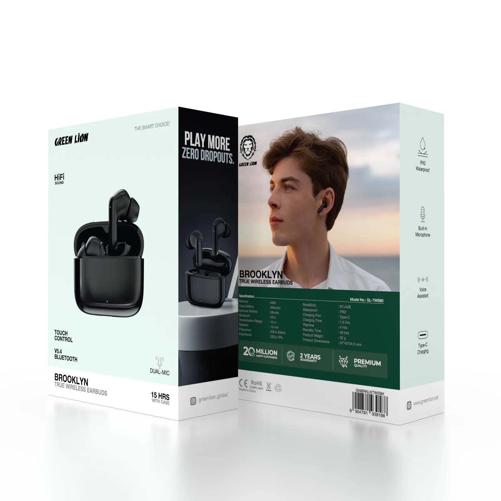سماعات جرين ليون Brooklyn اللاسلكية True Wireless بتقنية Bluetooth V5.4 – أسود / أبيض