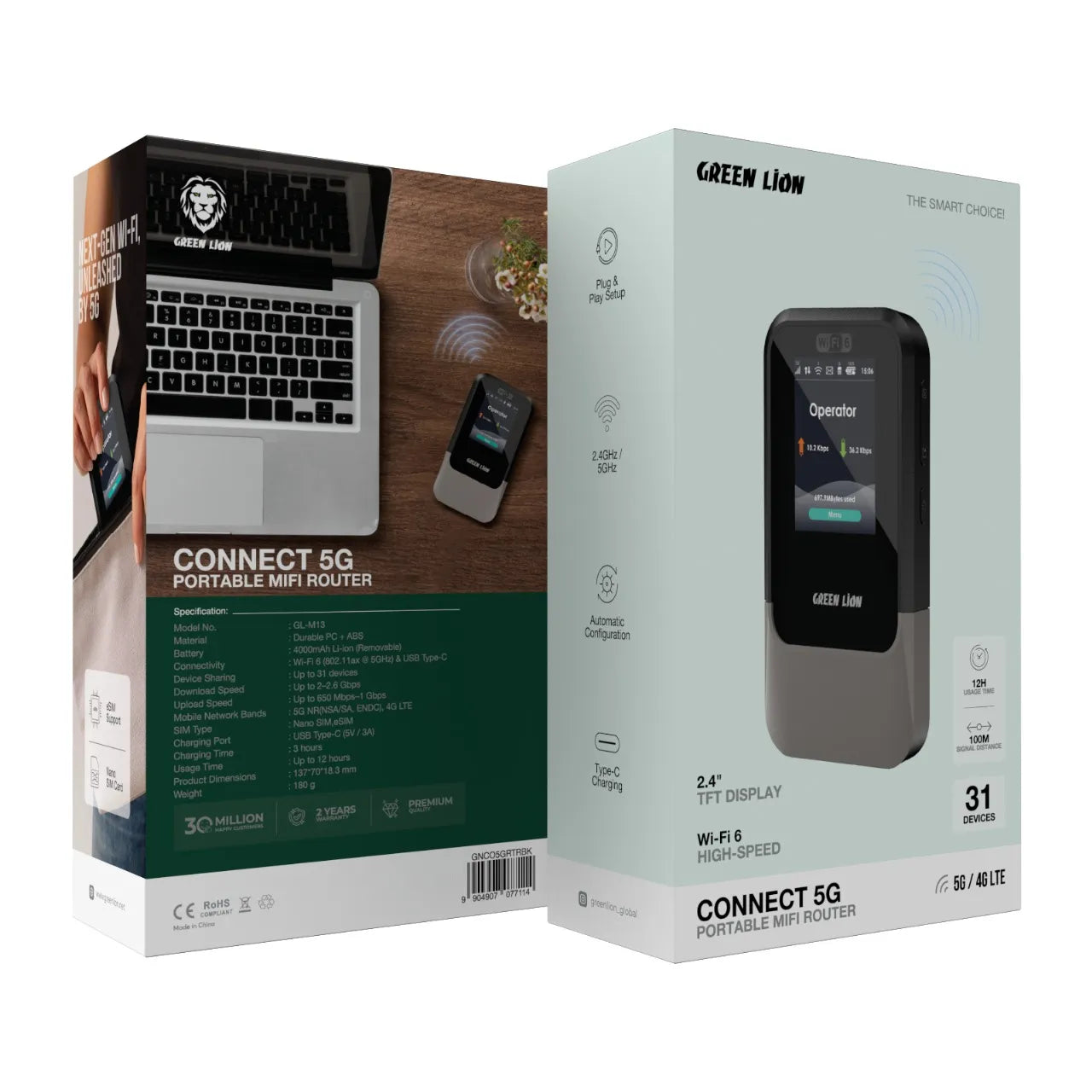 راوتر Green Lion Connect 5G MiFi محمول مع Wi-Fi 6 وشاشة TFT وبطارية 4000mAh – أسود