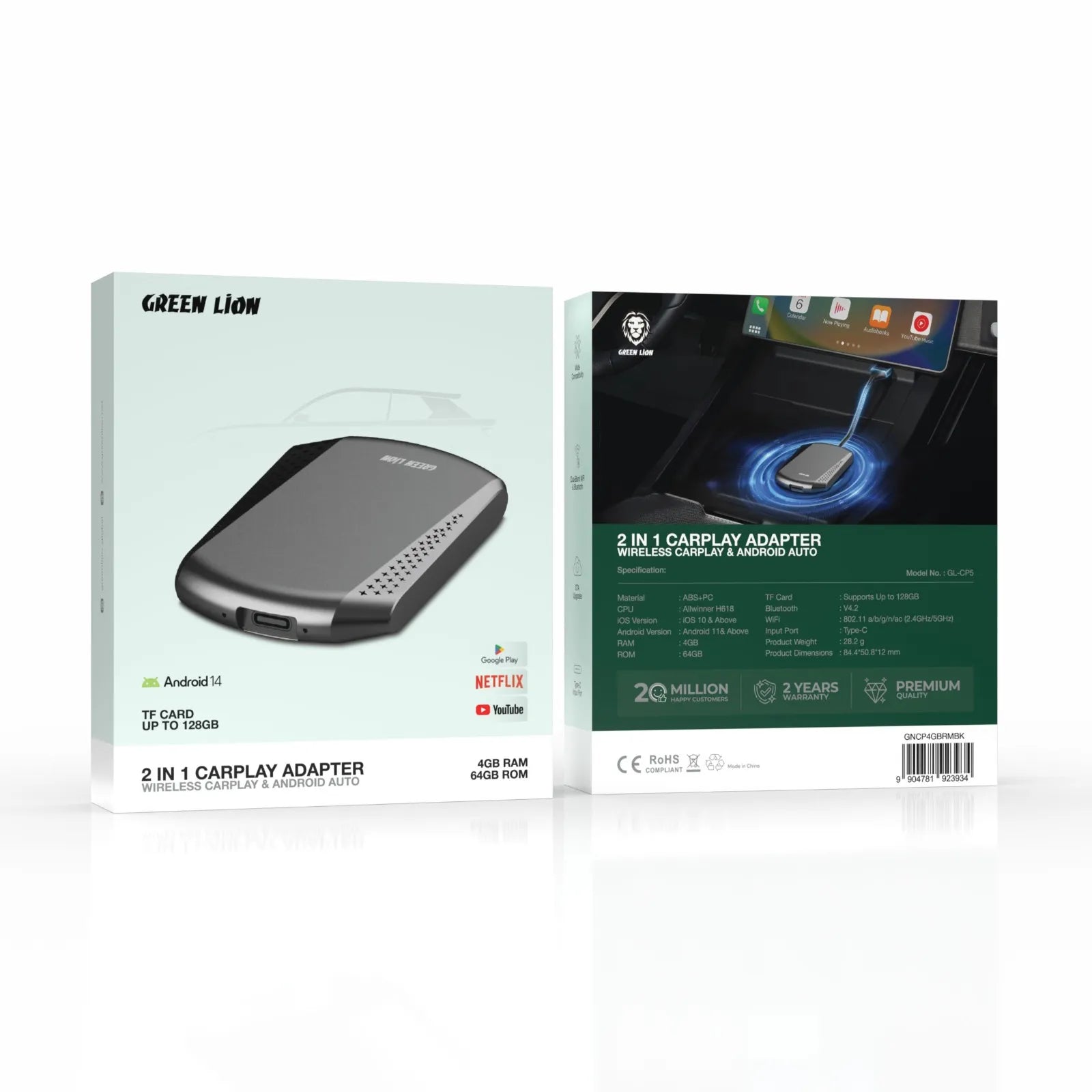 جرين ليون Green Lion محول CarPlay وAndroid Auto لاسلكي 2 في 1 – Android 14، رام 4GB، ذاكرة 64GB، WiFi ثنائي، بلوتوث