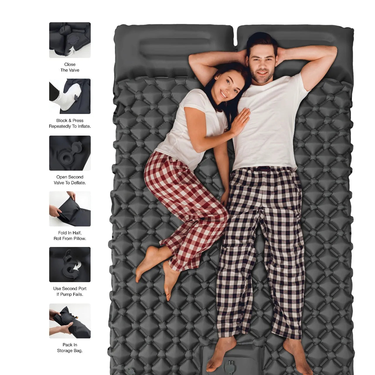 مرتبة هوائية Green Lion Double Air Bed للتخييم مع مضخة قدم مدمجة ووسادتين – رمادي