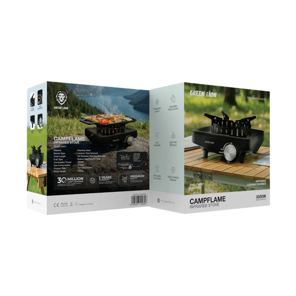 موقد الغاز Green Lion CampFlame Infrared بقوة 3050W للتخييم والرحلات – أسود