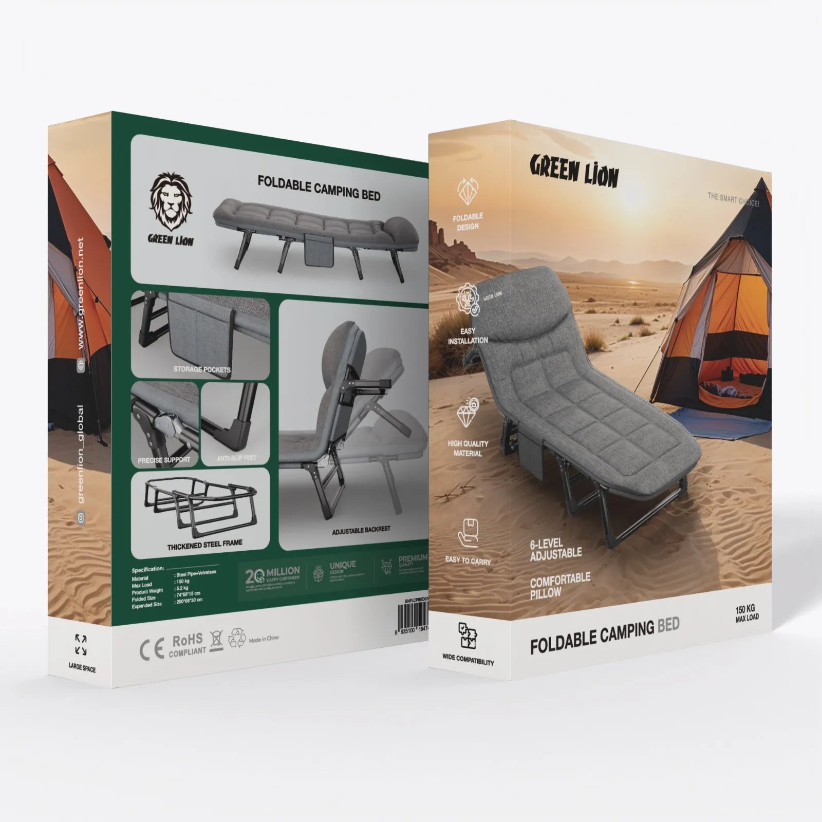 Green Lion Foldable Camping Bed with Adjustable Backrest & Pillow – Gray