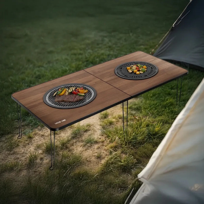 طاولة الشواء Green Lion Fold Grill Mate القابلة للطي مع شوايتين فحم – Wood Finish