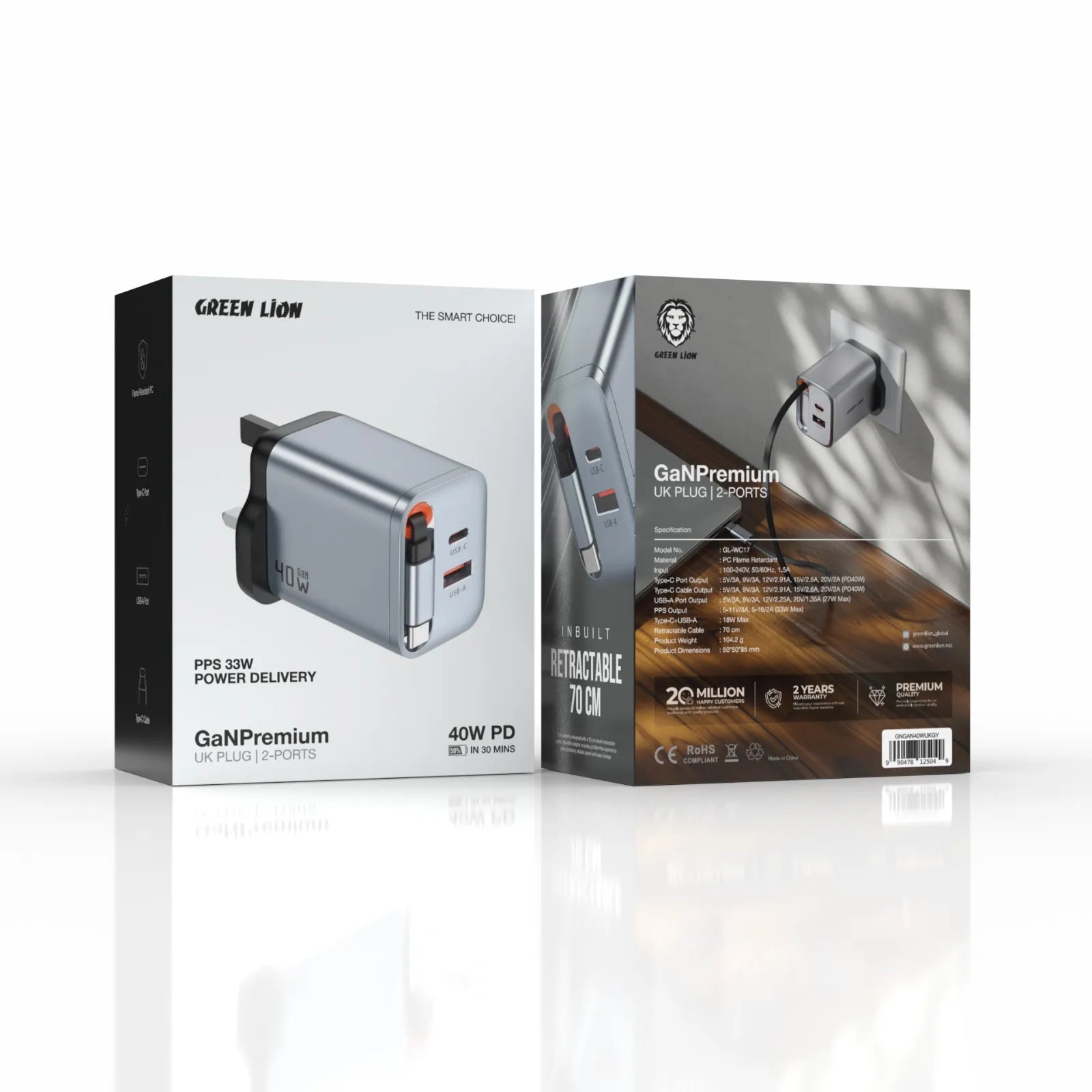 شاحن Green Lion GaNPremium 40W PD مع كابل USB-C ساحب مدمج ومنفذين – UK Plug – رمادي