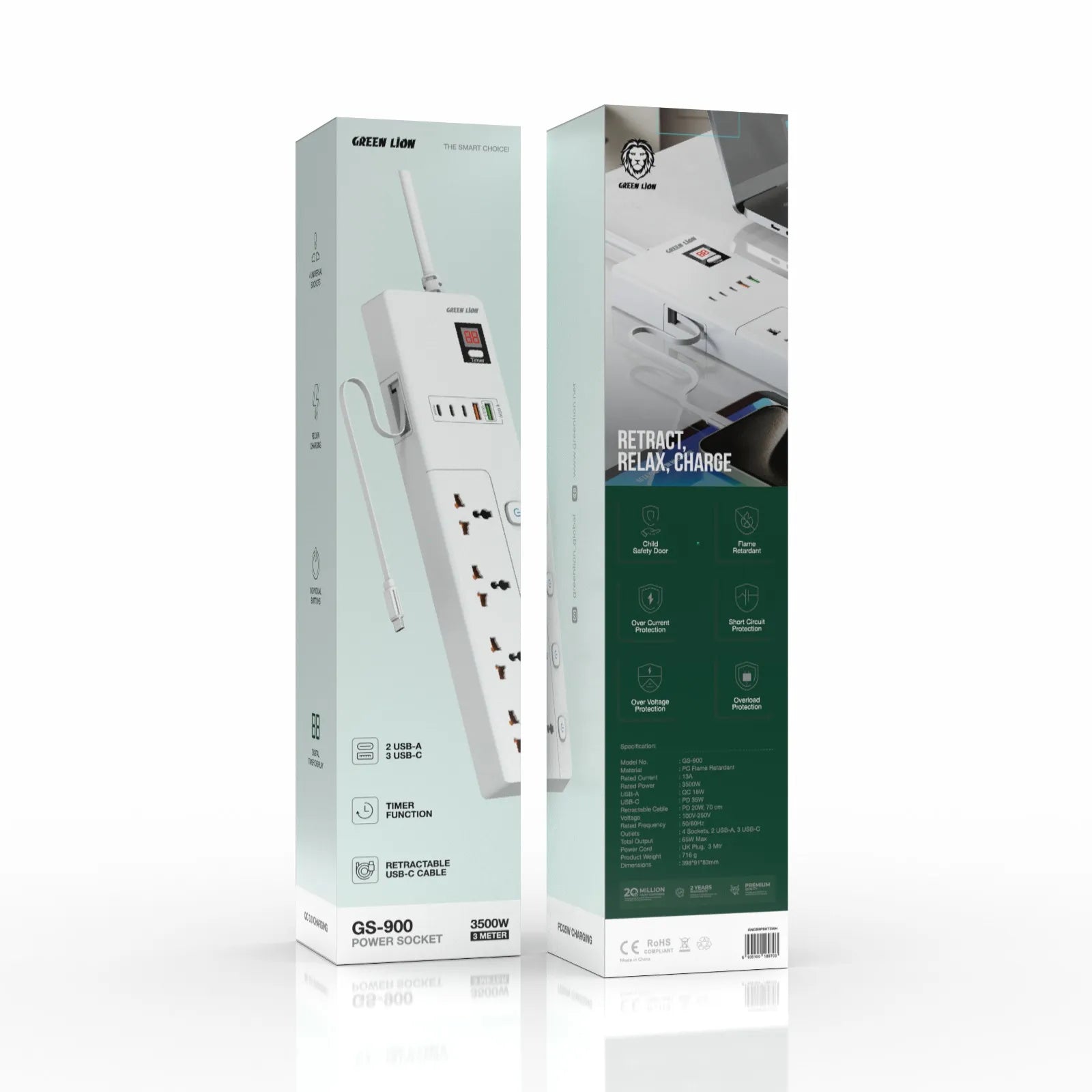 مشترك الكهرباء Green Lion GS-900 بقدرة 3500W مع كابل USB-C ساحب وتايمر رقمي – أبيض