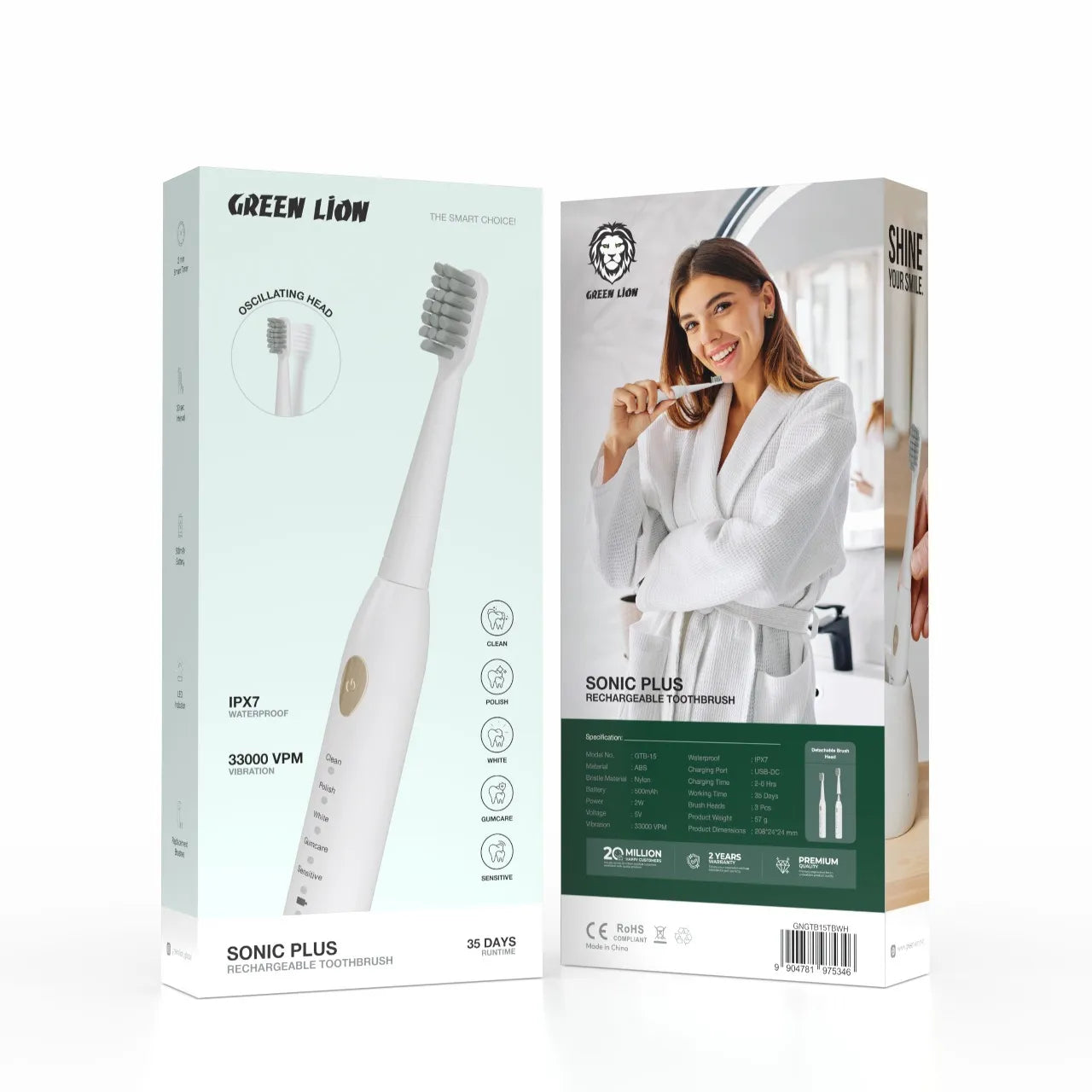 فرشاة أسنان Green Lion Sonic Plus الكهربائية الصوتية القابلة للشحن – ألوان متعددة