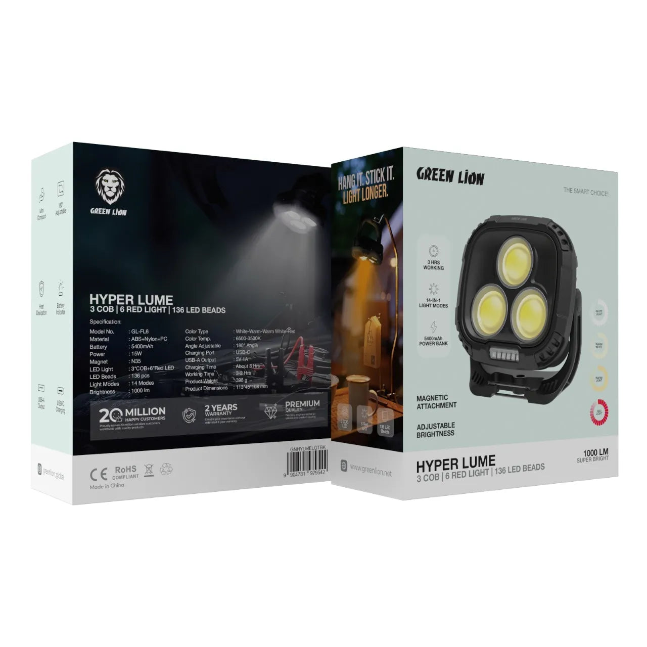كشاف Green Lion Hyper Lume المغناطيسي القابل للشحن 1000 لومن للتخييم والطوارئ – أسود