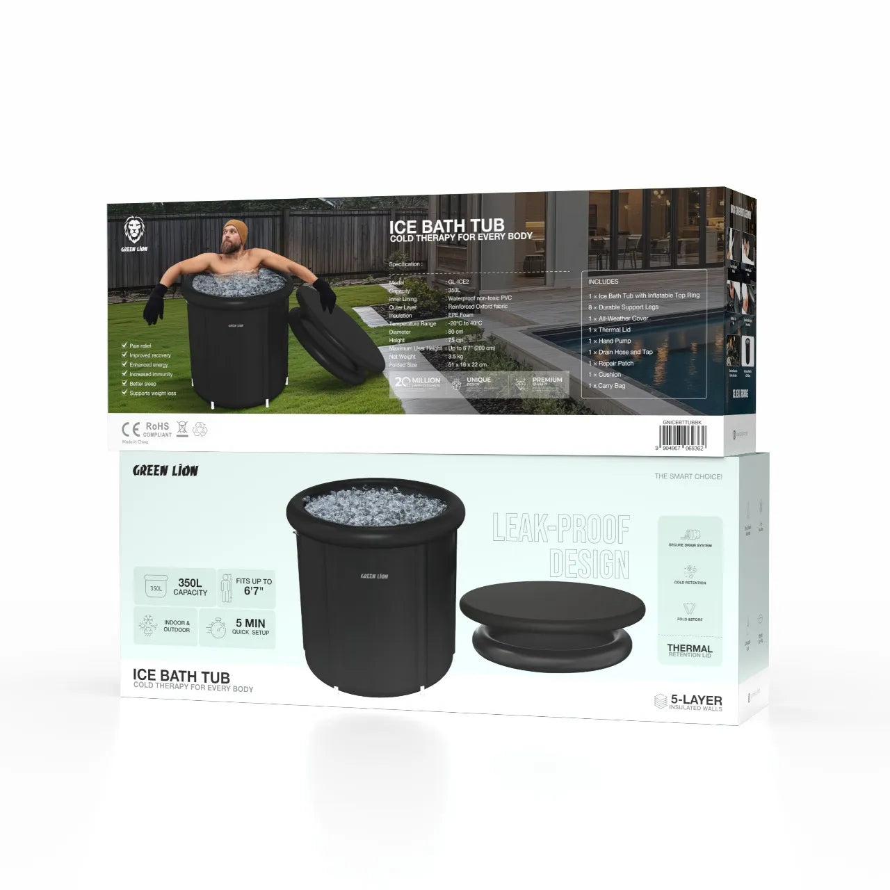 حوض الثلج Green Lion Ice Bath Tub بسعة 350 لتر للعلاج البارد والاستشفاء العضلي – أسود