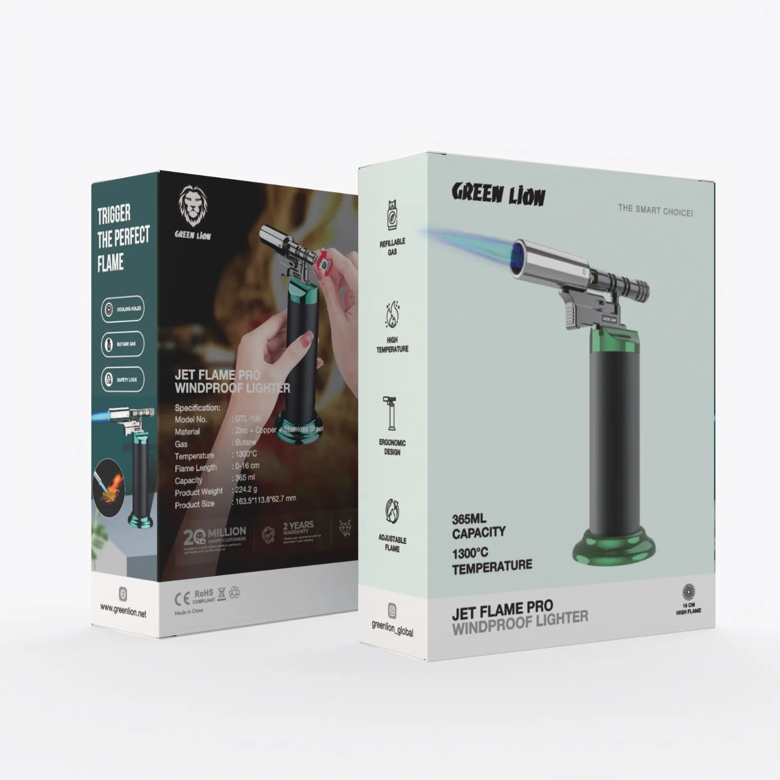ولاعة Green Lion Jet Flame Pro مقاومة للهواء قابلة لإعادة التعبئة حتى 1300°C – أسود وأخضر