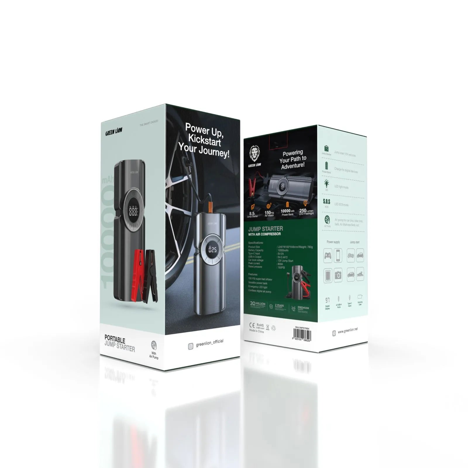 جهاز Green Lion Portable Jump Starter مع منفاخ هواء وباور بانك 10000mAh وكشاف LED – أسود