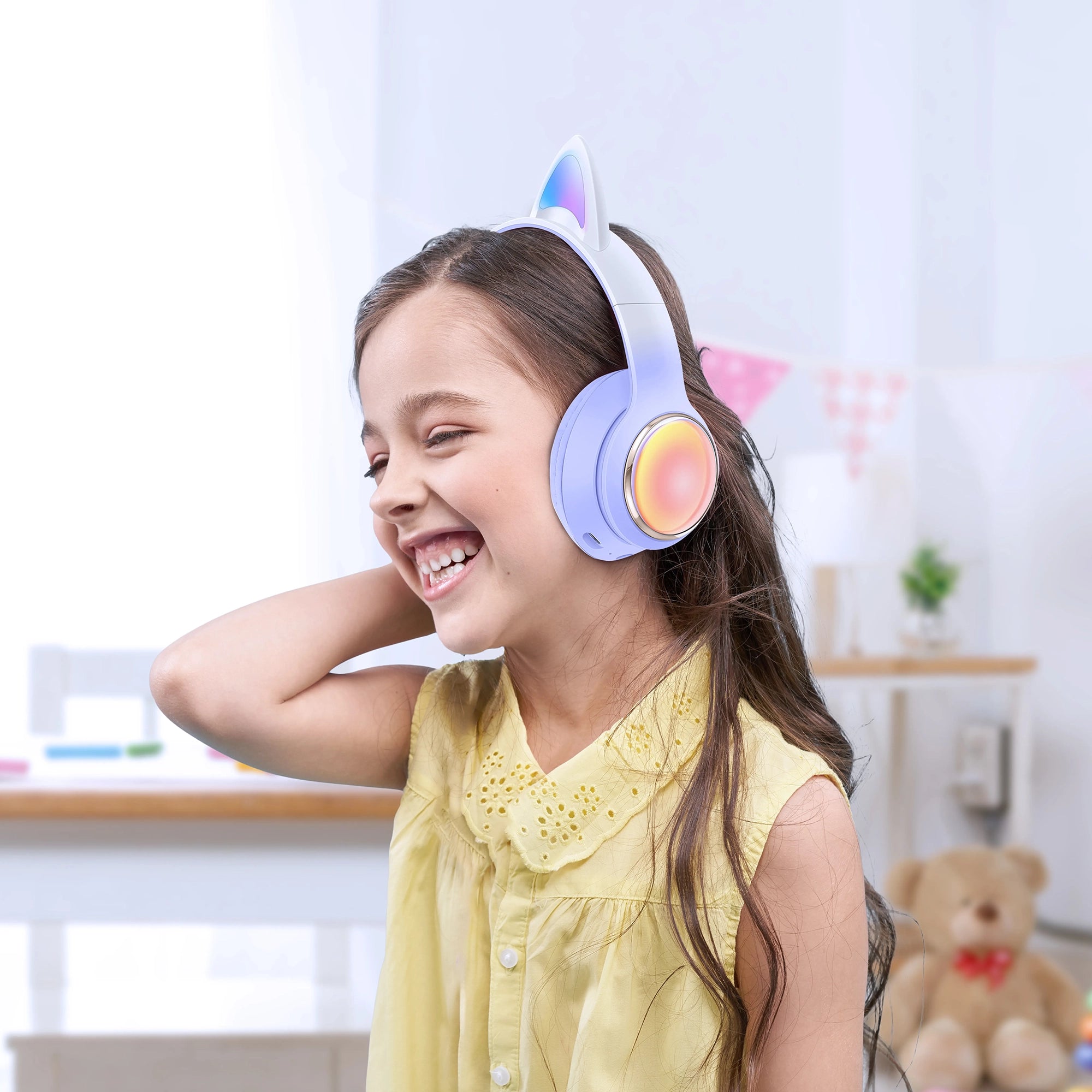 سماعات الأطفال اللاسلكية Green Lion GK-400 بتصميم Cat Ear وإضاءة RGB – أزرق / بنفسجي