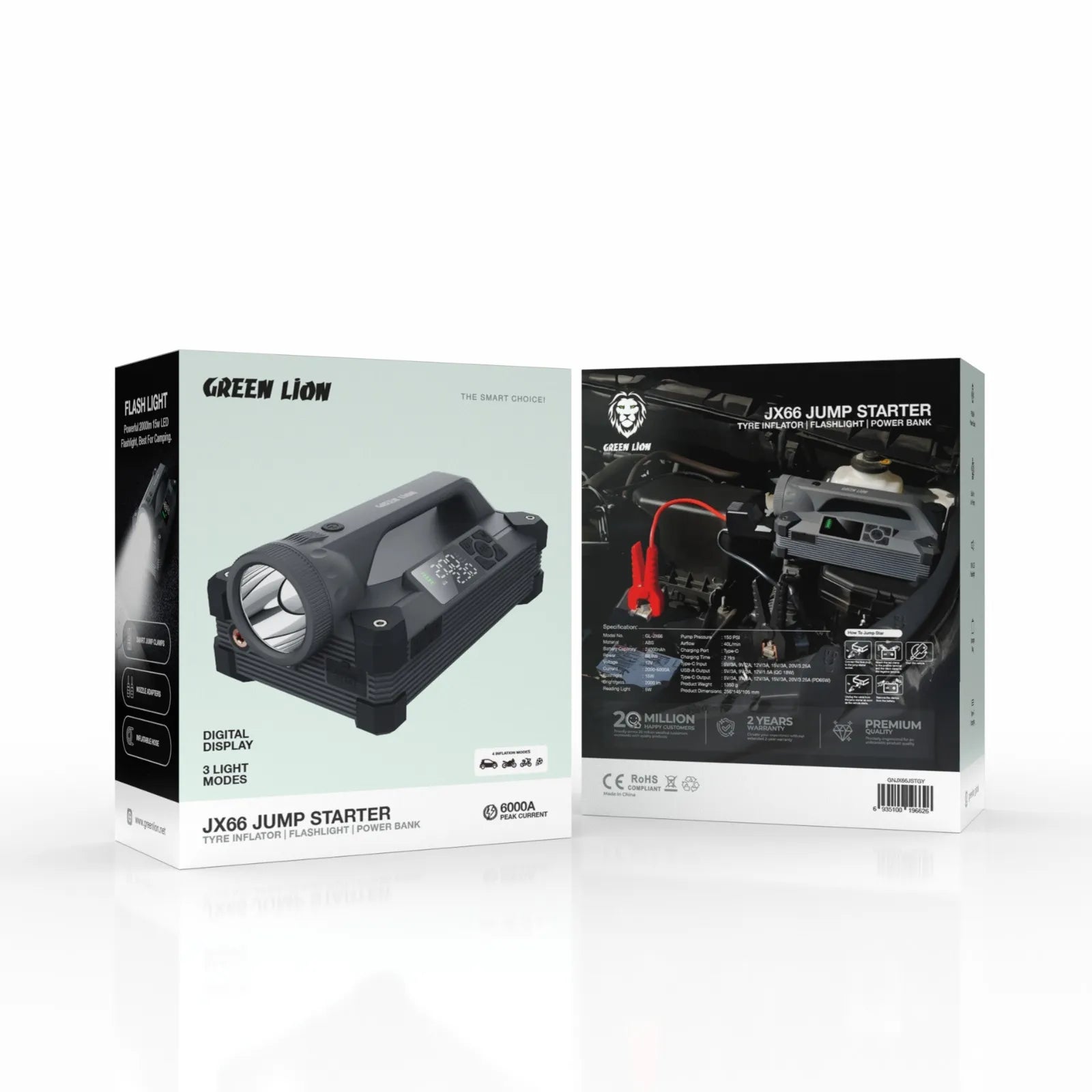 Green Lion JX66 Jump Starter Tyre Inflator Flashlight Power Bank 6000A – Black