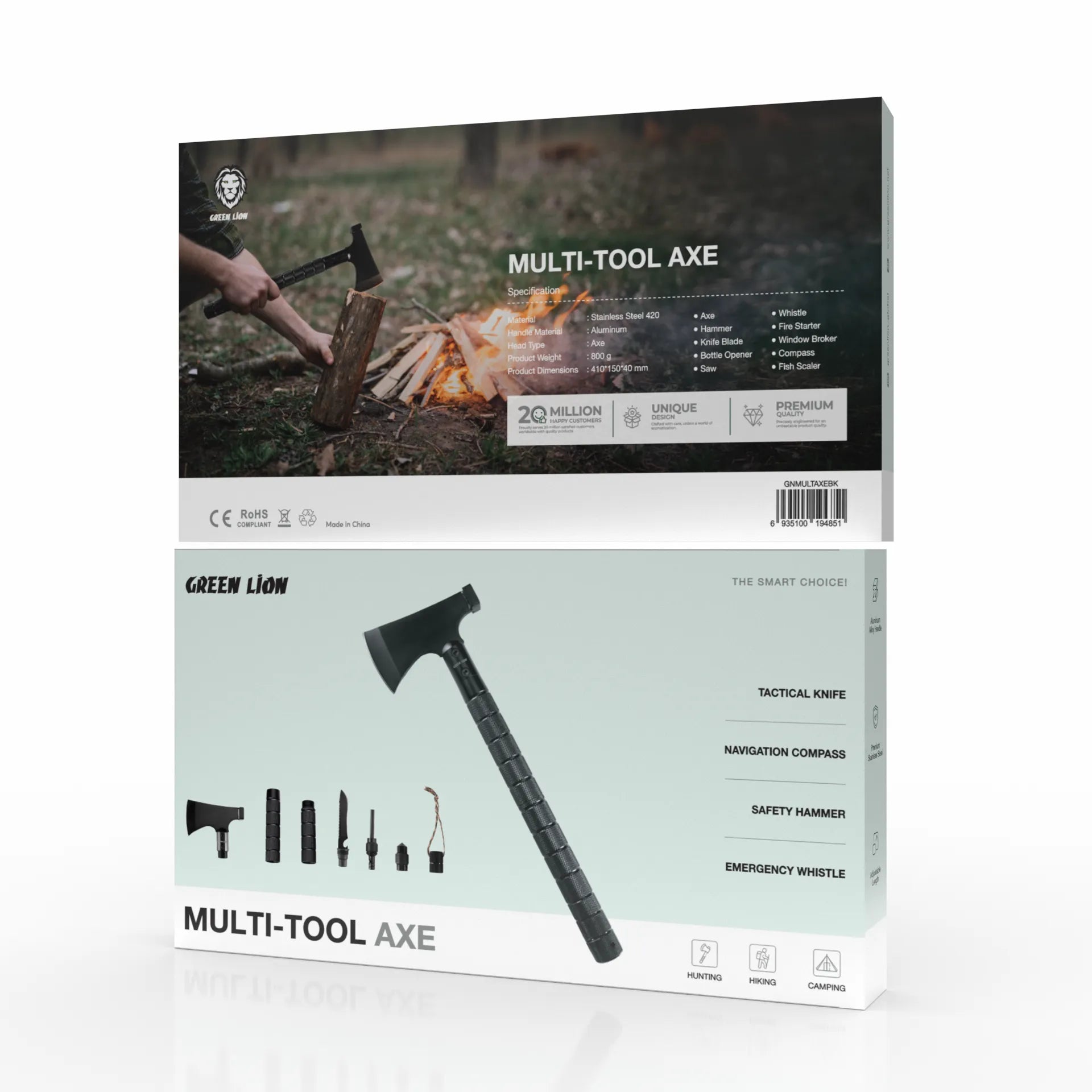 فأس Green Lion Multi-Tool Axe متعددة الاستخدامات للتخييم والنجاة – أسود