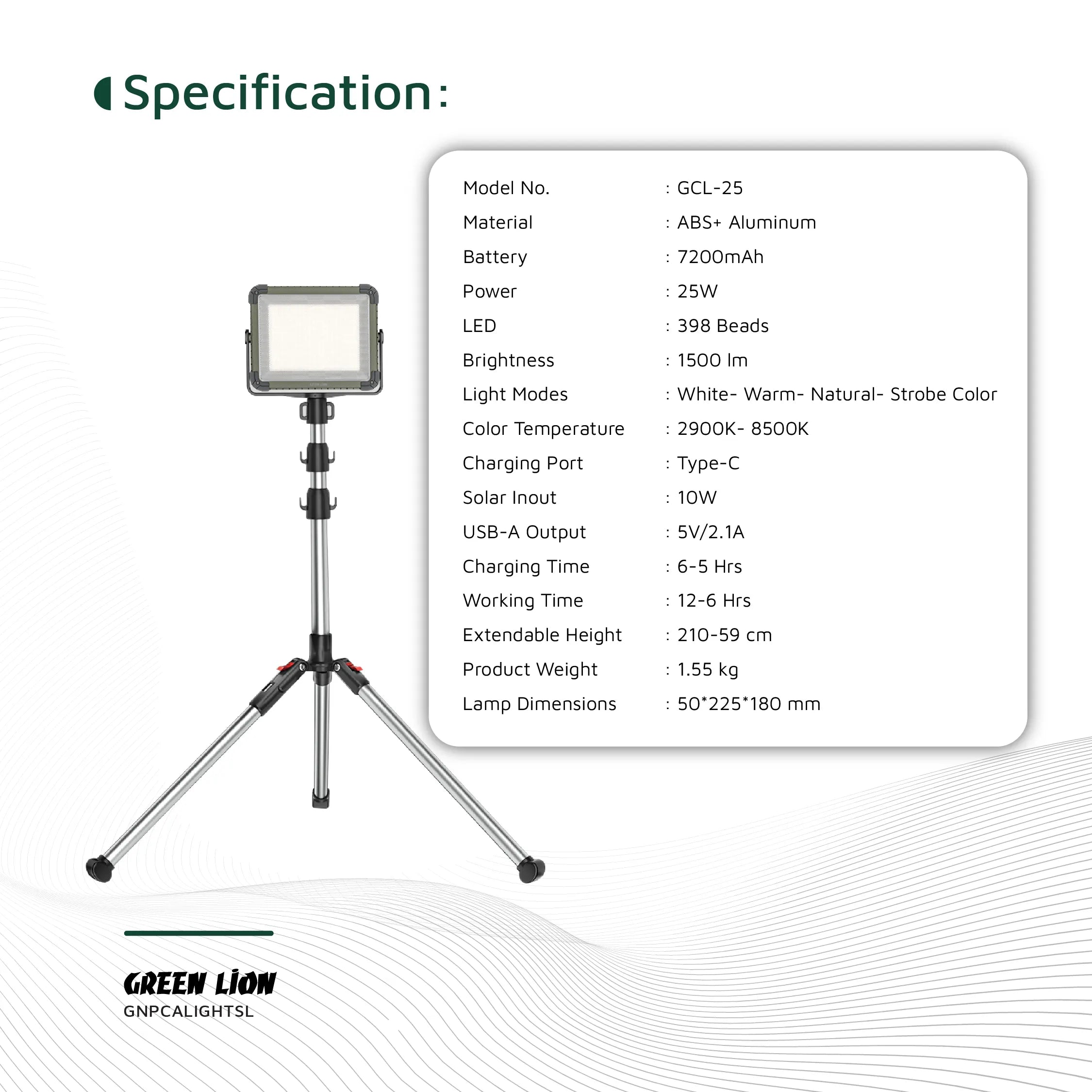 إضاءة Green Lion Solar Camping Light بالطاقة الشمسية مع حامل ثلاثي قابل للتعديل – فضي