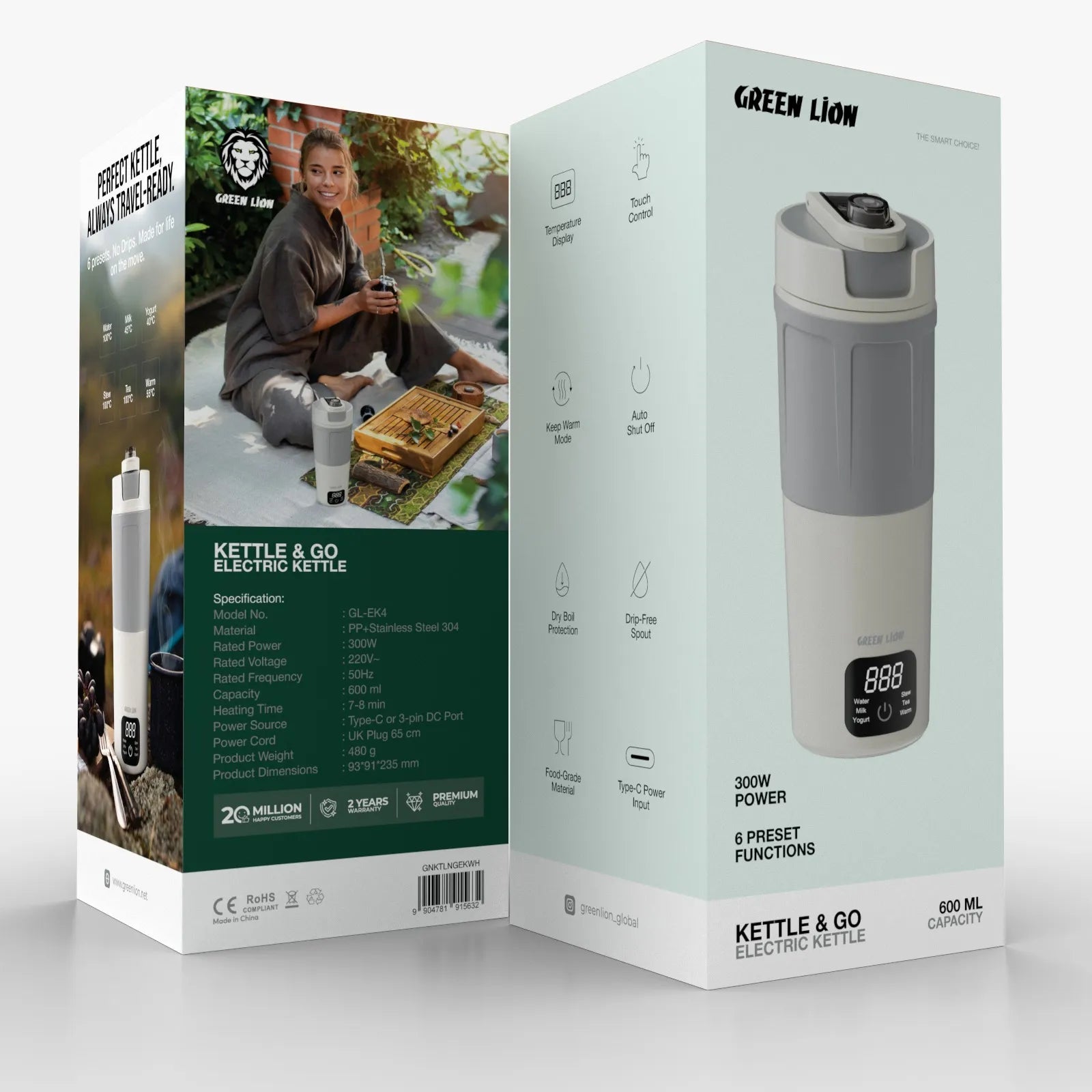 غلاية Green Lion Kettle & Go الكهربائية المحمولة 600ml بقوة 300W – أبيض