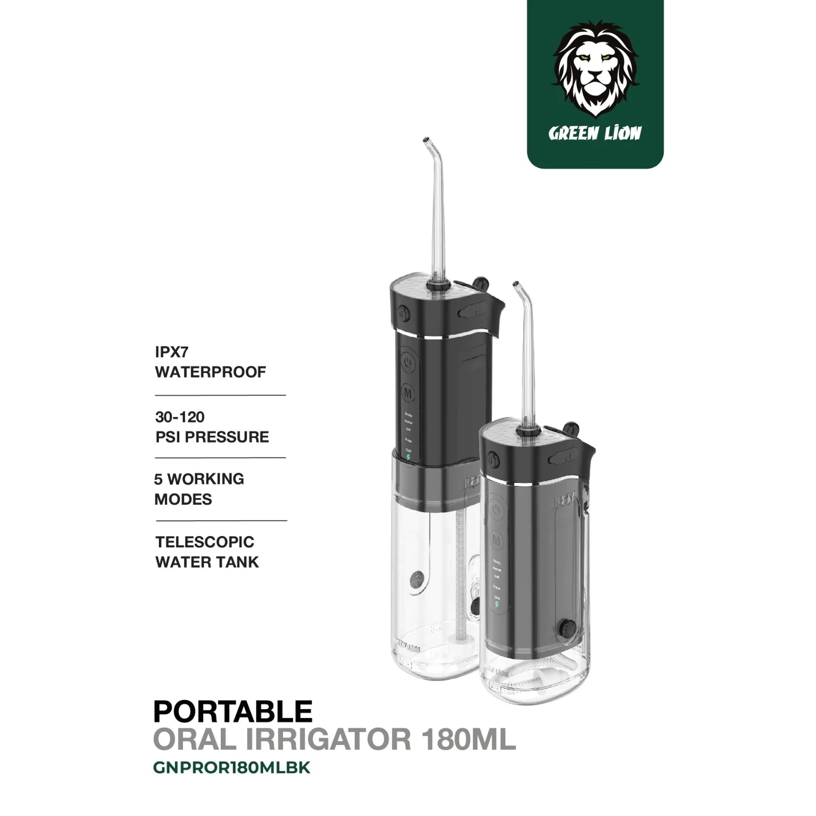 جهاز Green Lion Portable Oral Irrigator لتنظيف الأسنان بالماء 180ML مقاوم للماء IPX7 – أسود / أبيض