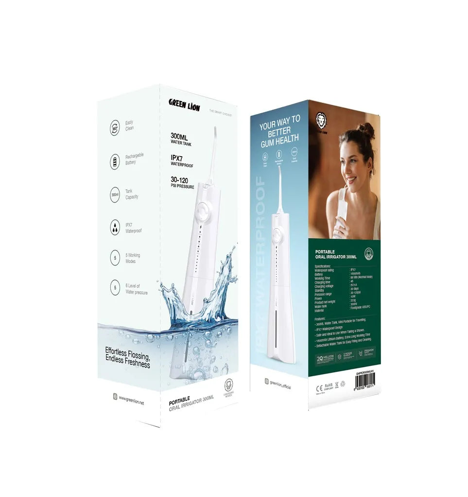 جهاز Green Lion Portable Oral Irrigator لتنظيف الأسنان بالماء 300ML مقاوم للماء IPX7 – أسود / أبيض