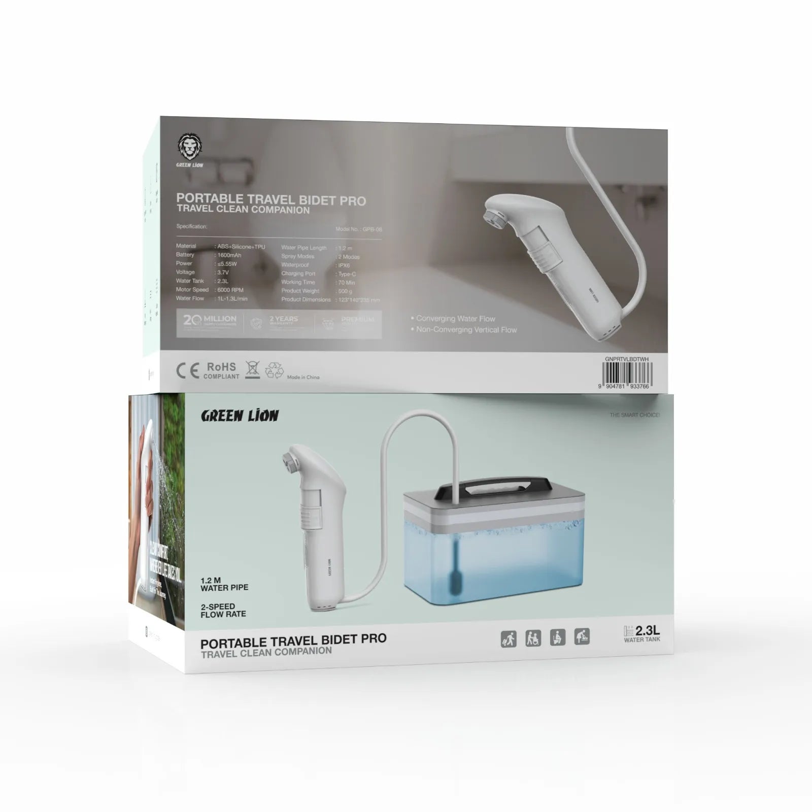 Green Lion Portable Travel Bidet Pro 2.3L Dual Spray Modes – White
