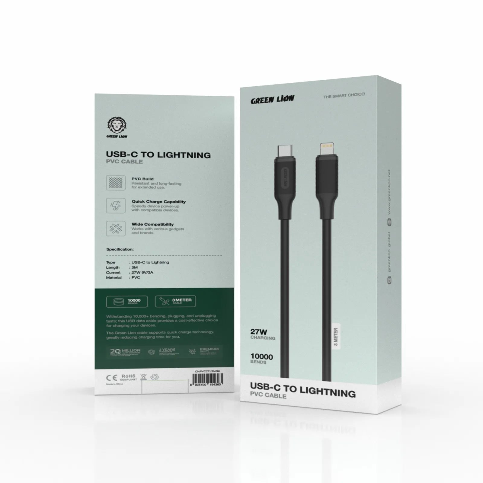 Green Lion USB-C to Lightning PVC Charging Cable 3M 27W Fast Charge – Black